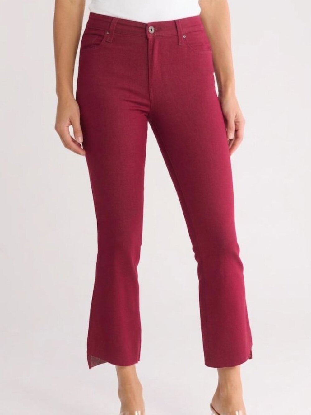 High Rise Slim Kick Flare Burgundy Jeans Raw Hem Weatherly Savannah Women's 6